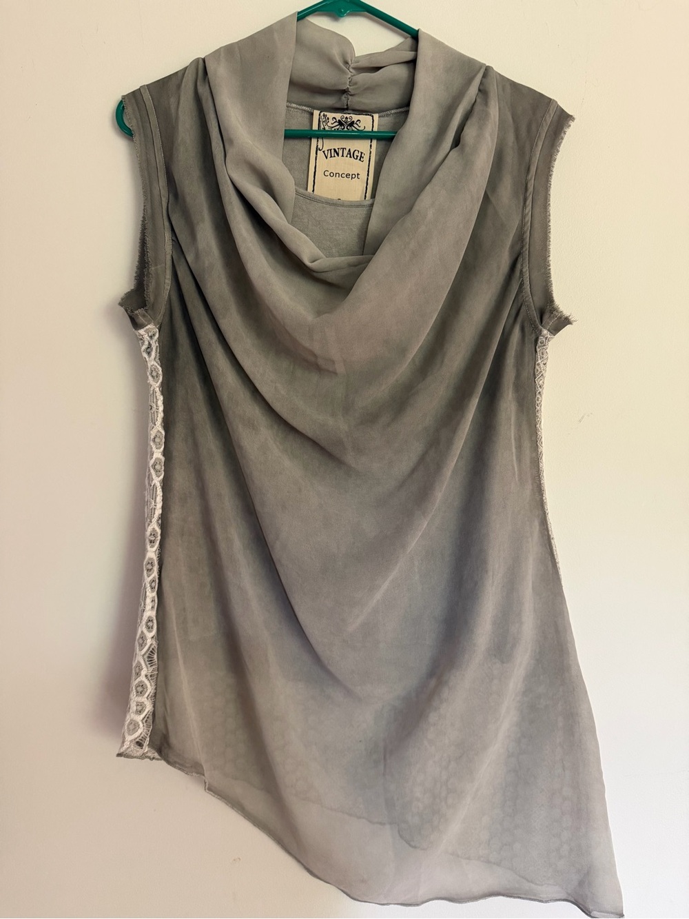 Vintage Concept Layered Gray Draped Sleeveless Tunic Top Lace Back S Small